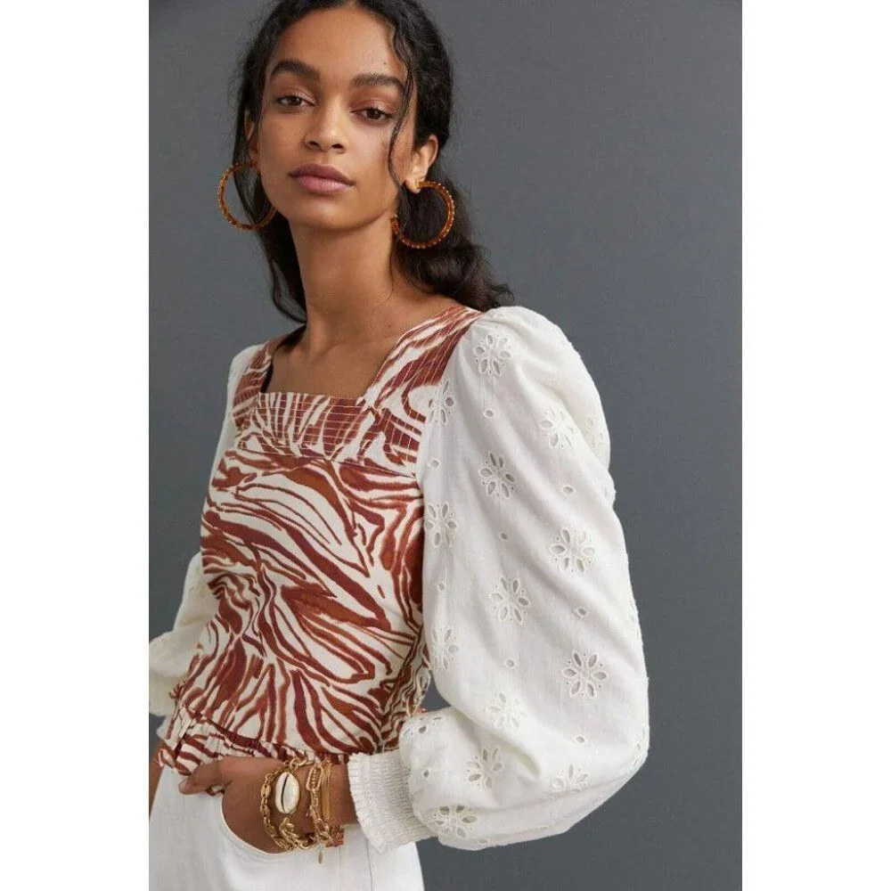Anthropologie Love The Label Smocked Eyelet Puff Sleeve Blouse Top S New